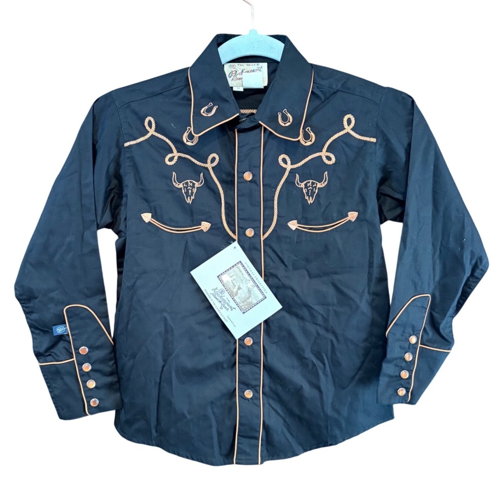 Rockmount Ranch Wear Kids Western Shirt Black Orange Cowboy Snap Rodeo Med NWT